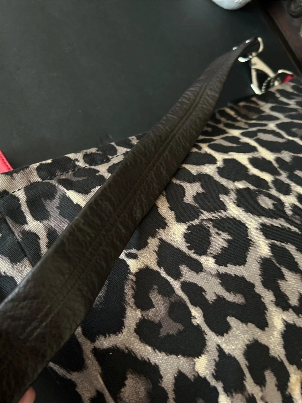 Coach Leopard Print Canvas Shoulder Bag with Red Leather Trim